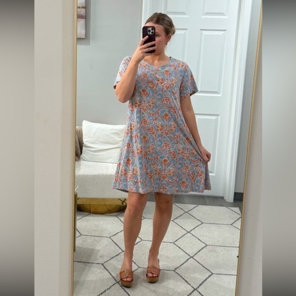 Peruvian Connection Dress Orange Blue Mini Shirt Dress Floral